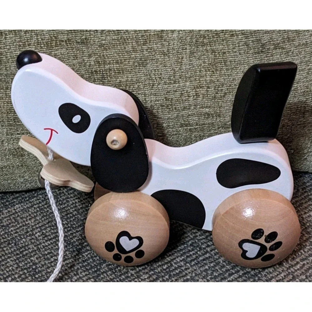 Wood Dog Pull Toy Childrens Classic World Wooden Puppy Hound Black White
